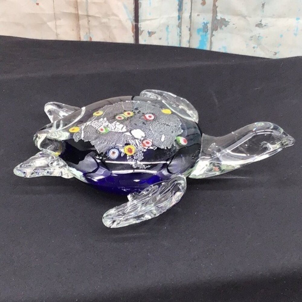 Handcrafted Glass Turtle Paperweight With Millefiori Design & Silver Leaf Accent